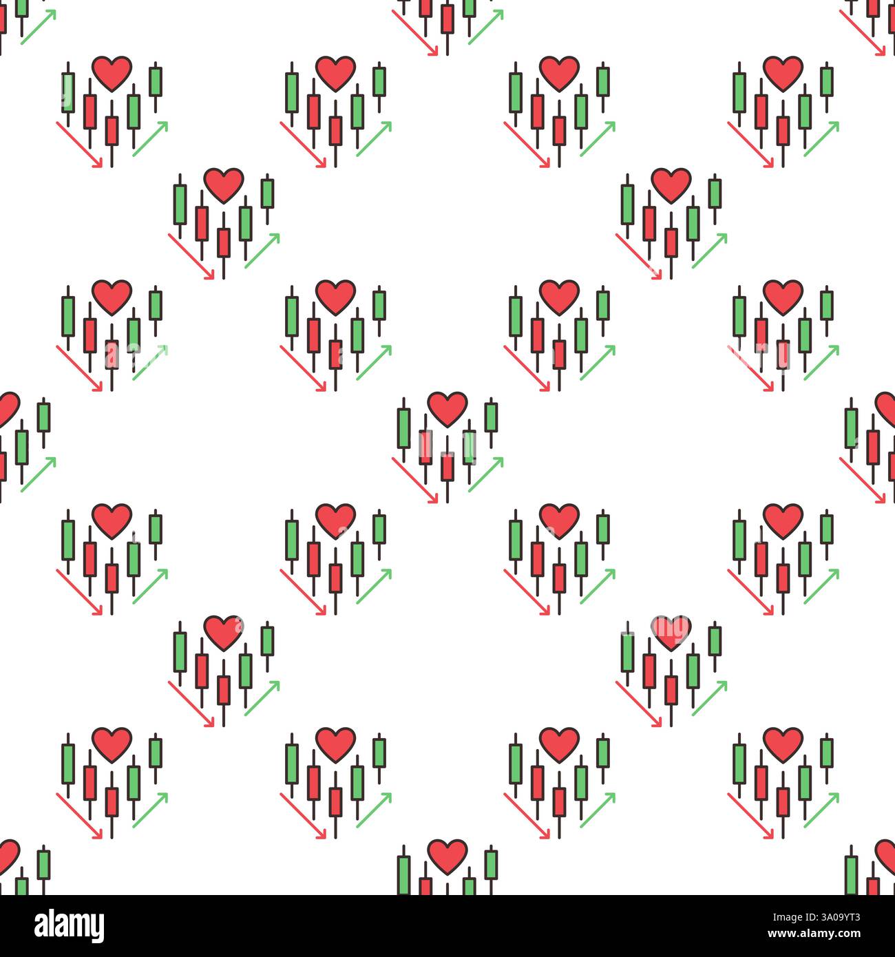 Candles Pattern Red Color Candle chart with Red Heart and arrows vector concept colored seamless ...