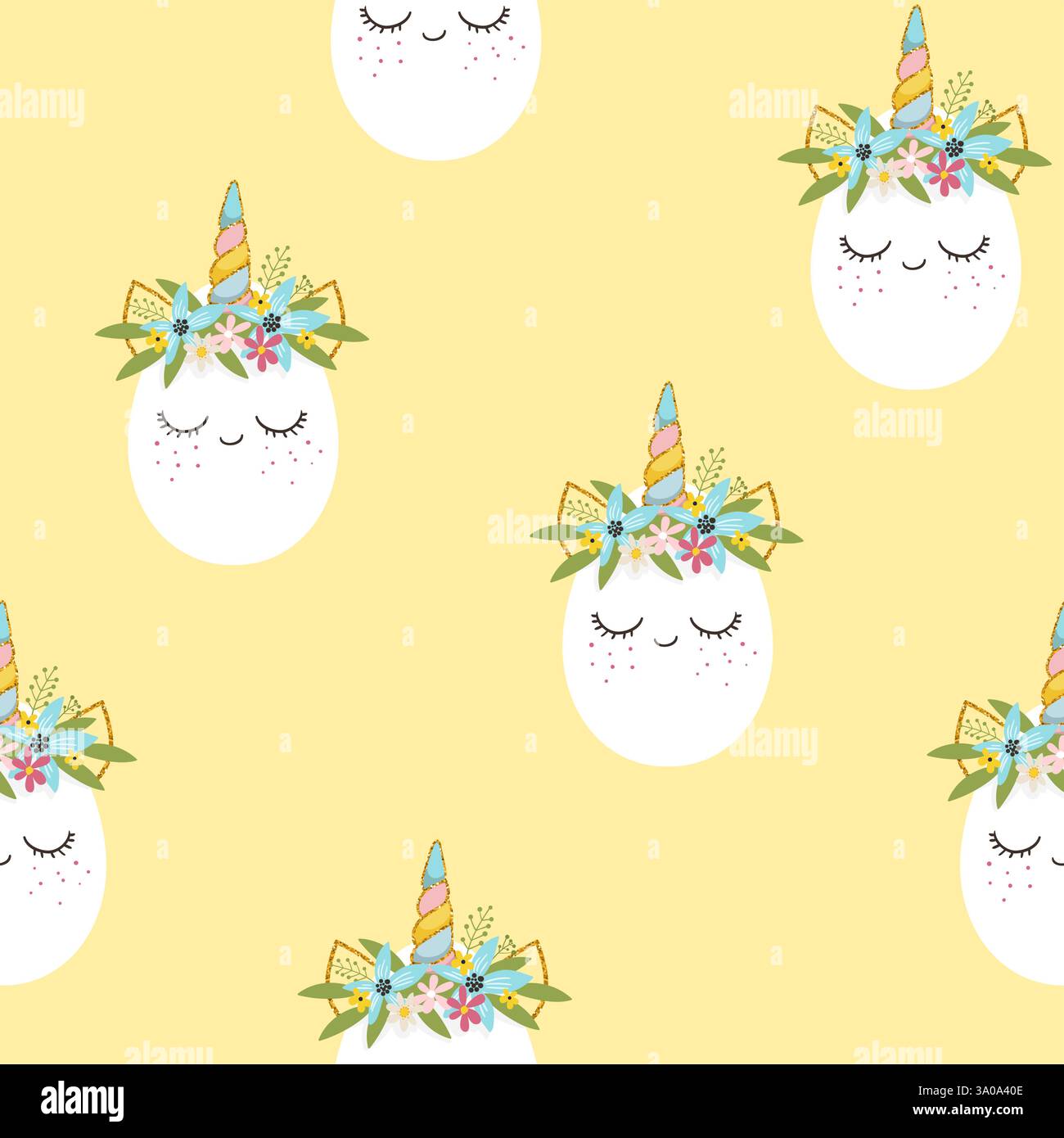 Cute unicorn easter egg with flowers wreath. Happy Easter seamless pattern. Vector illustration Stock Vector