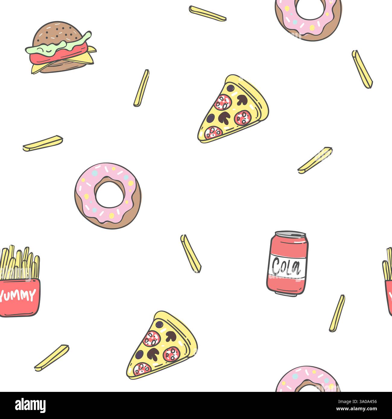 Seamless pattern background with pizza, cola, fried potatoes, sandwich, vector illustration EPS 10. Stock Vector