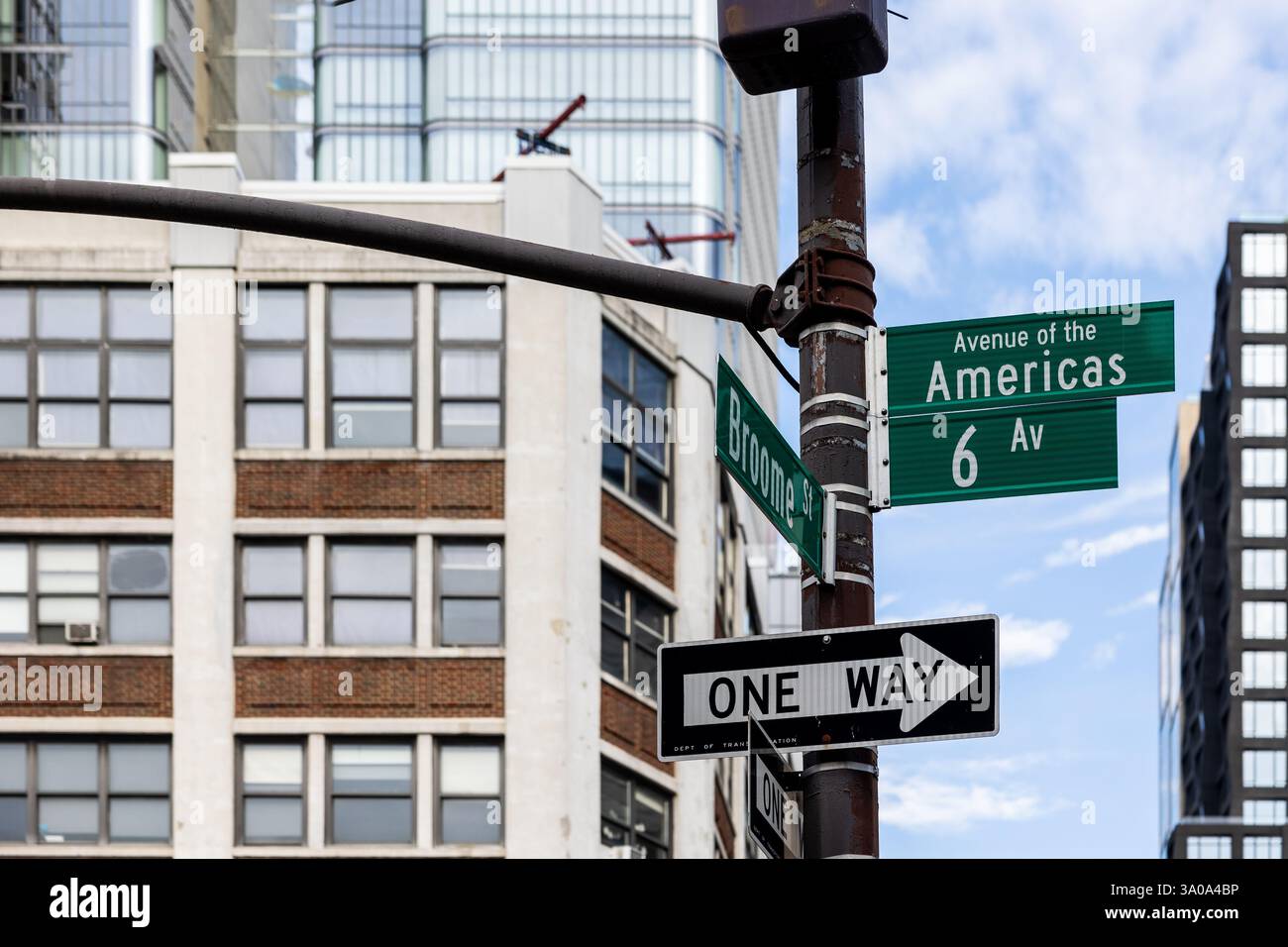 6th Avenue signs in NYC, with historic and urban buildings Stock Photo