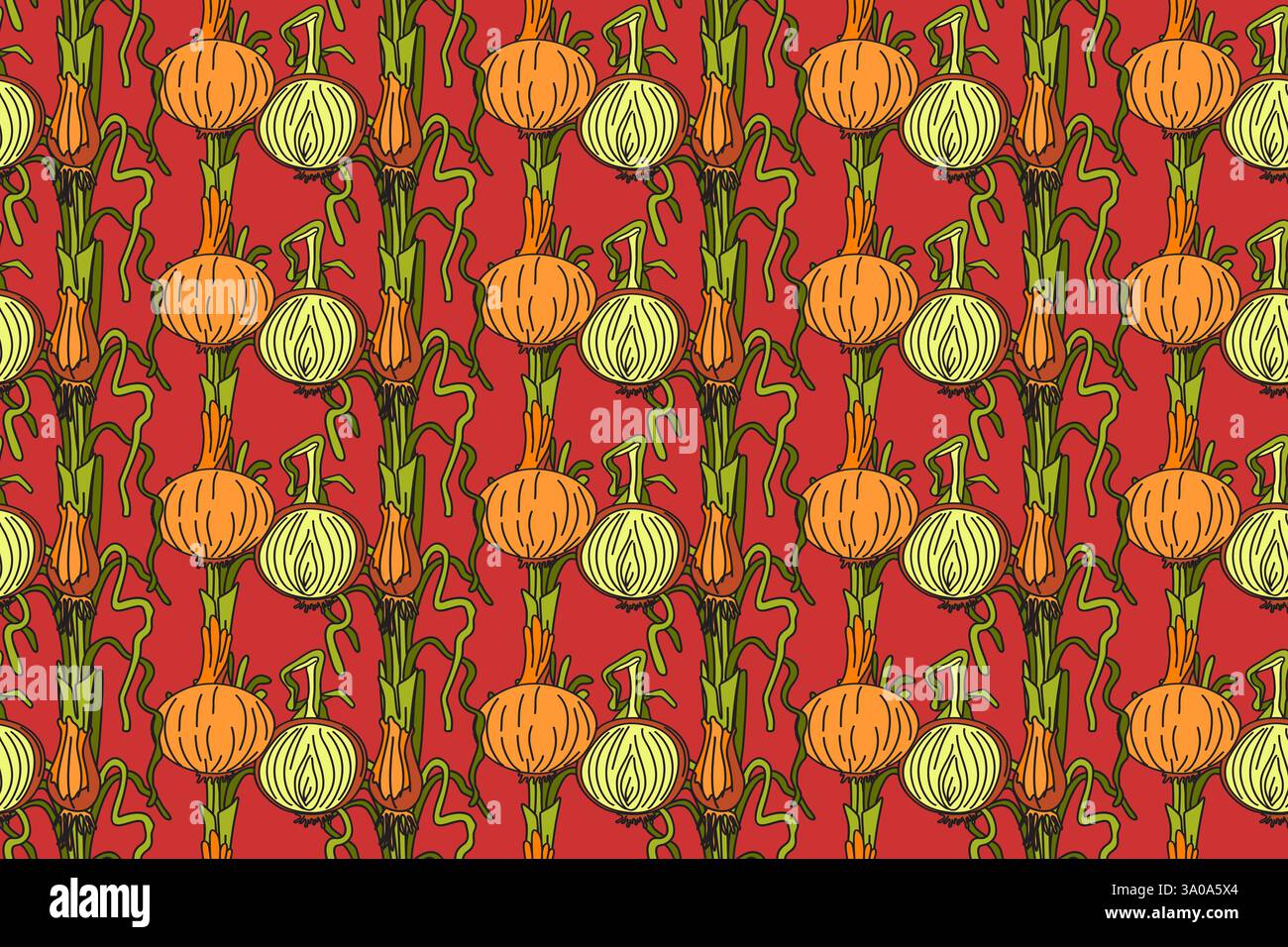 Botanical abstract seamless pattern with juicy onions vector illustration.Colorful vegetables repeating cartoon pattern in red color background. Graph Stock Vector