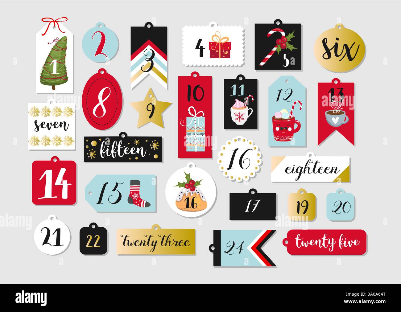 Abstract printable tags collection for Christmas, New Year. Advent calendar. Vector illustration. Stock Vector