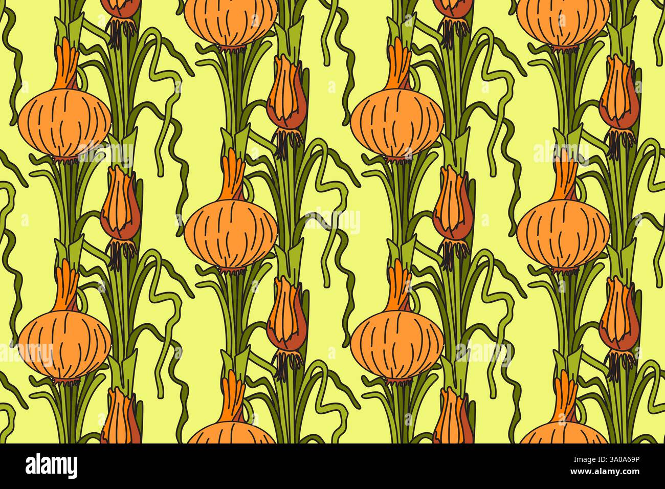 Botanical abstract seamless pattern with juicy onions vector illustration. Colorful vegetables repeating cartoon pattern in yellow color background. G Stock Vector