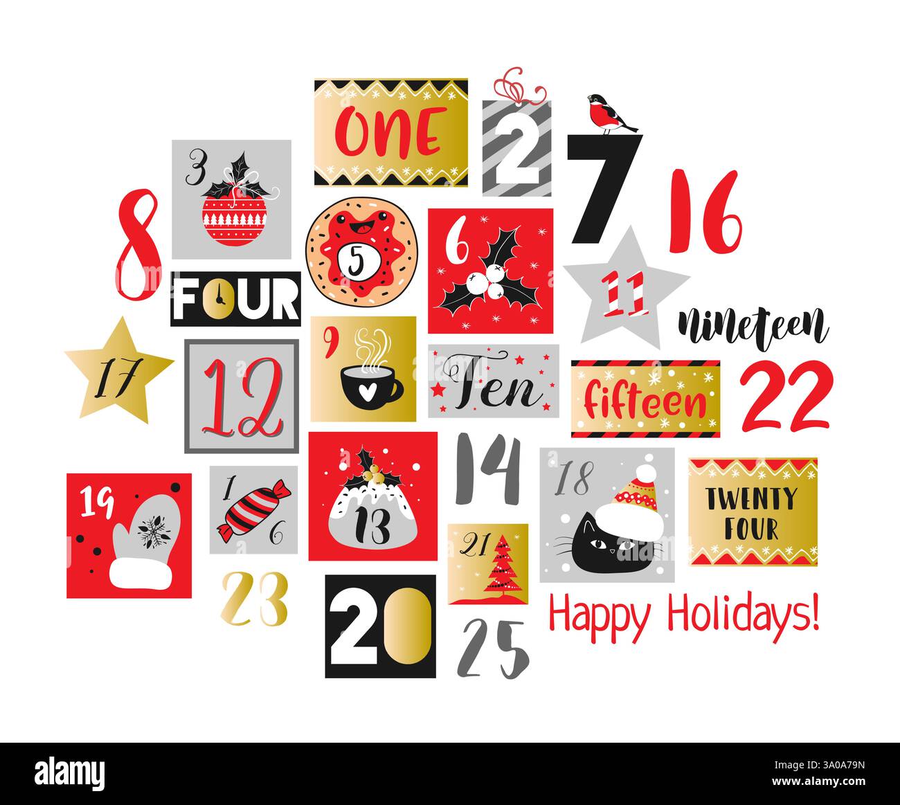 Abstract printable tags collection for Christmas, New Year. Advent calendar. Vector illustration. Stock Vector