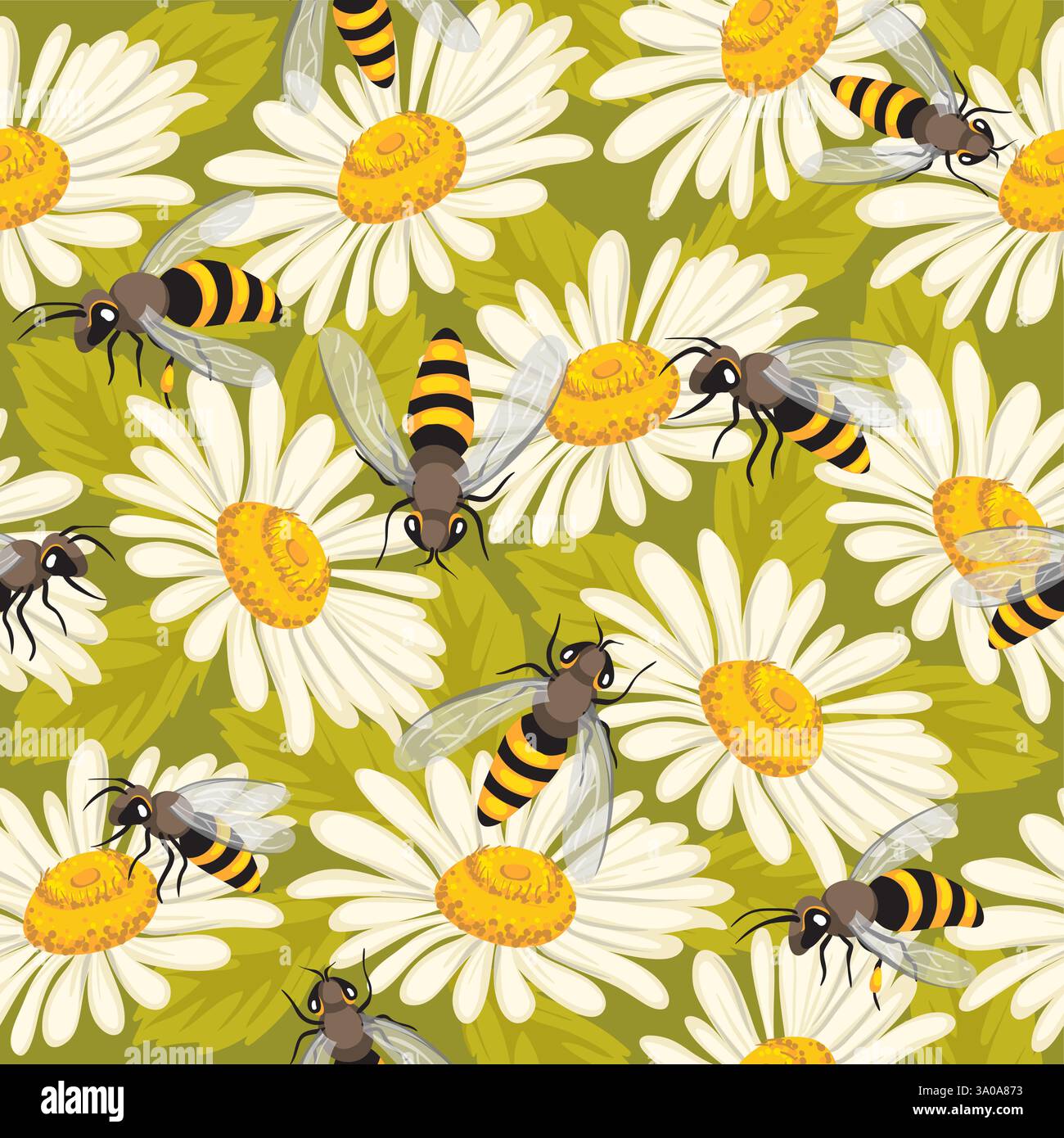 Cute seamless pattern with bees and flowers. Vector illustration Stock Vector
