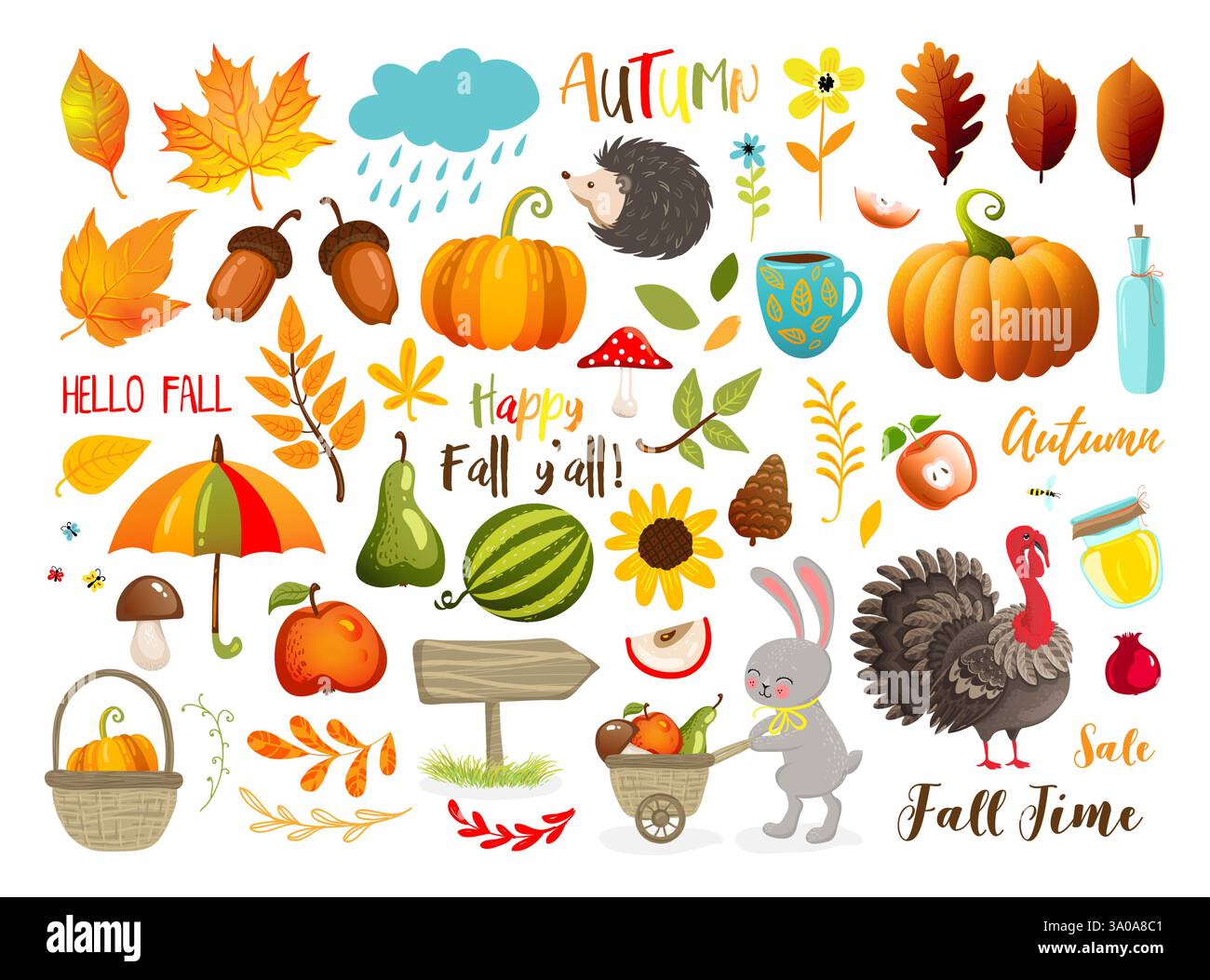 Autumn set with hand drawn elements. Calligraphy, fall leaves, animals and other. Vector illustration EPS10 Stock Vector