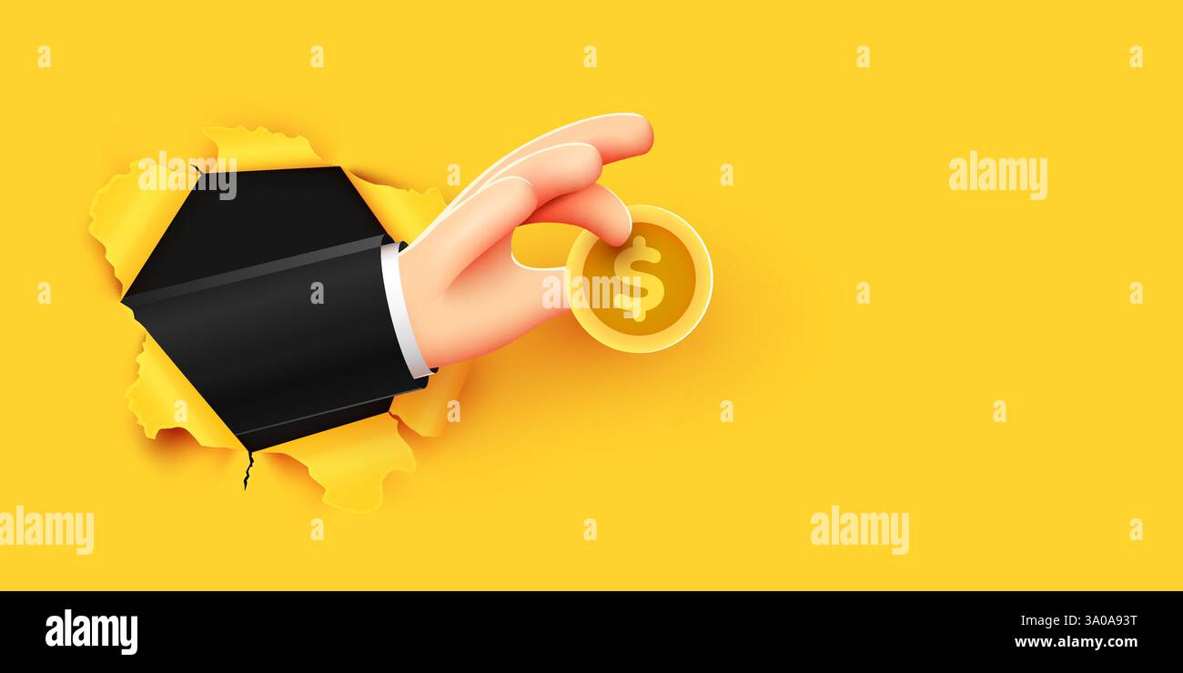 3d cartoon hand holding golden dollar coin through torn paper ...