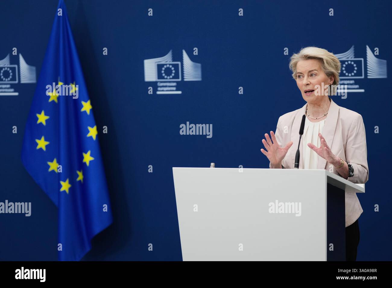 European Commission President Ursula von der Leyen speaks during a ...
