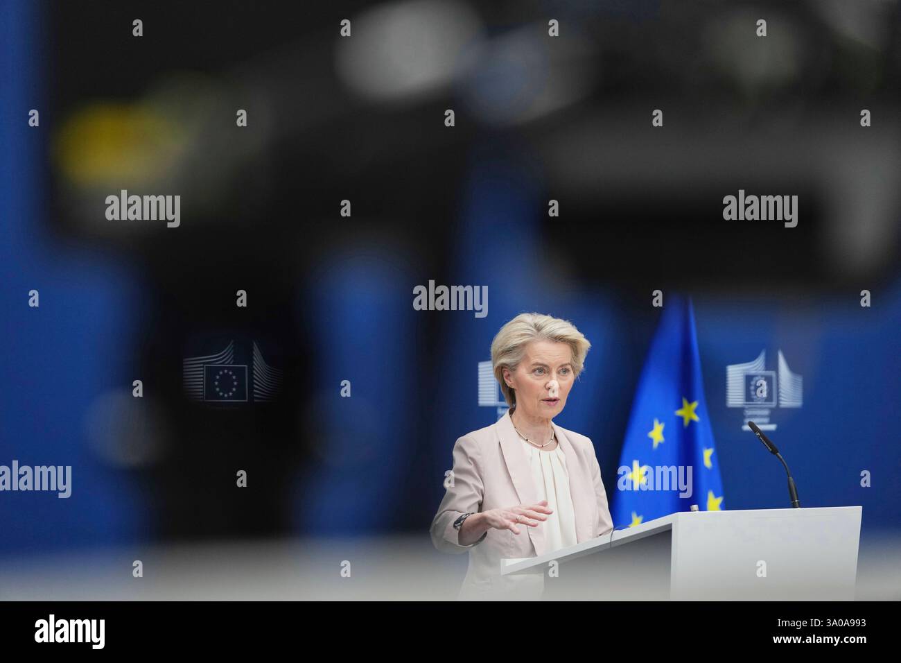 European Commission President Ursula von der Leyen speaks during a ...