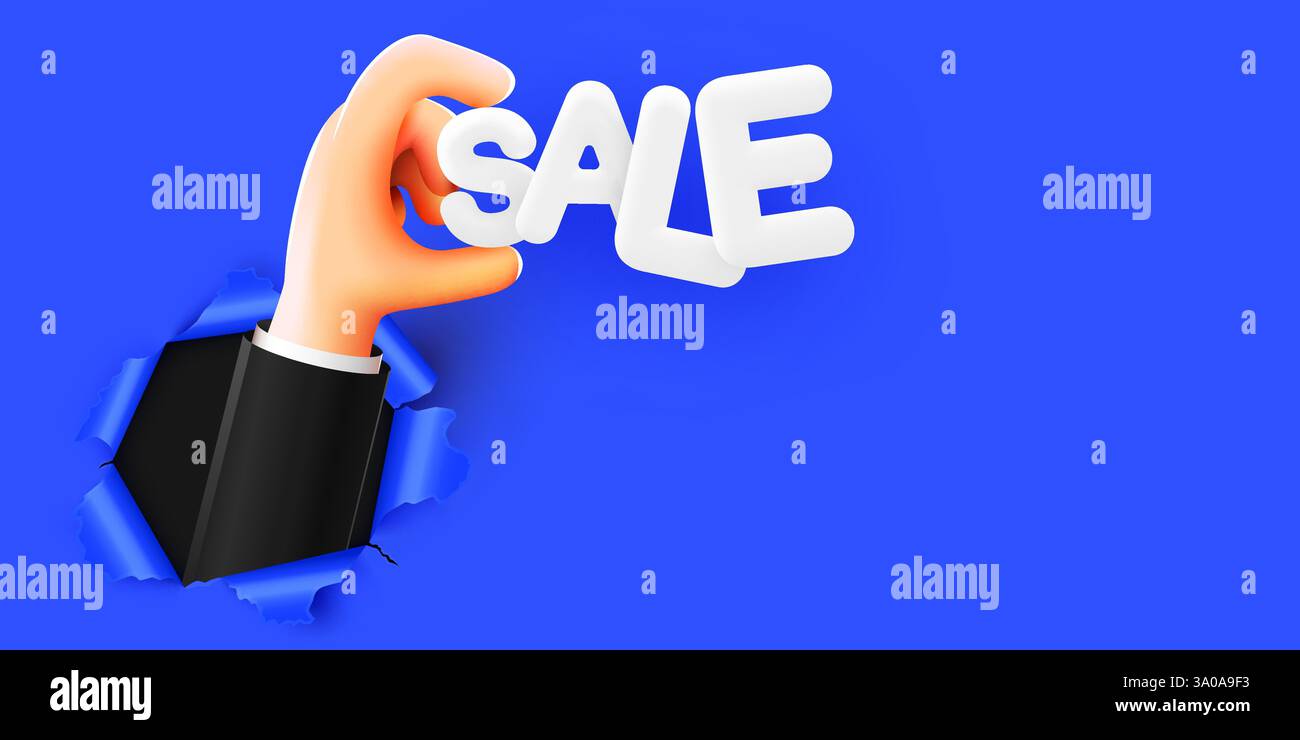 3d cartoon hand holding word Sale through torn paper. Sale and special offer concept. Vector illustration Stock Vector