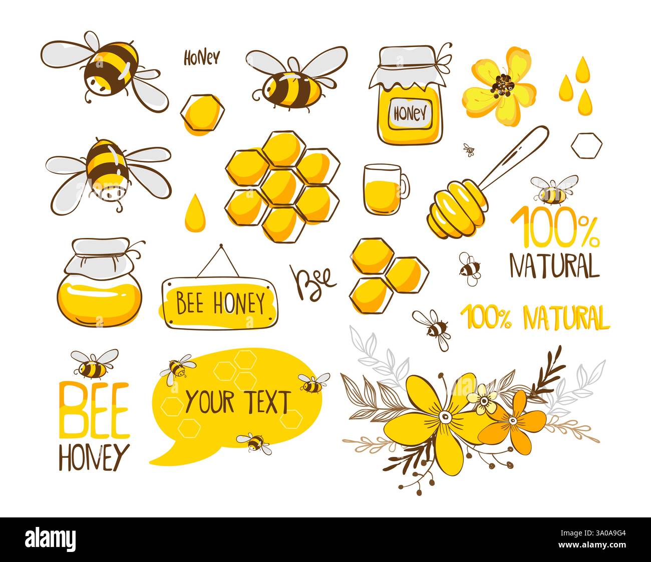 Set of bee, honey, lettering and other beekeeping illustration. Vector ...