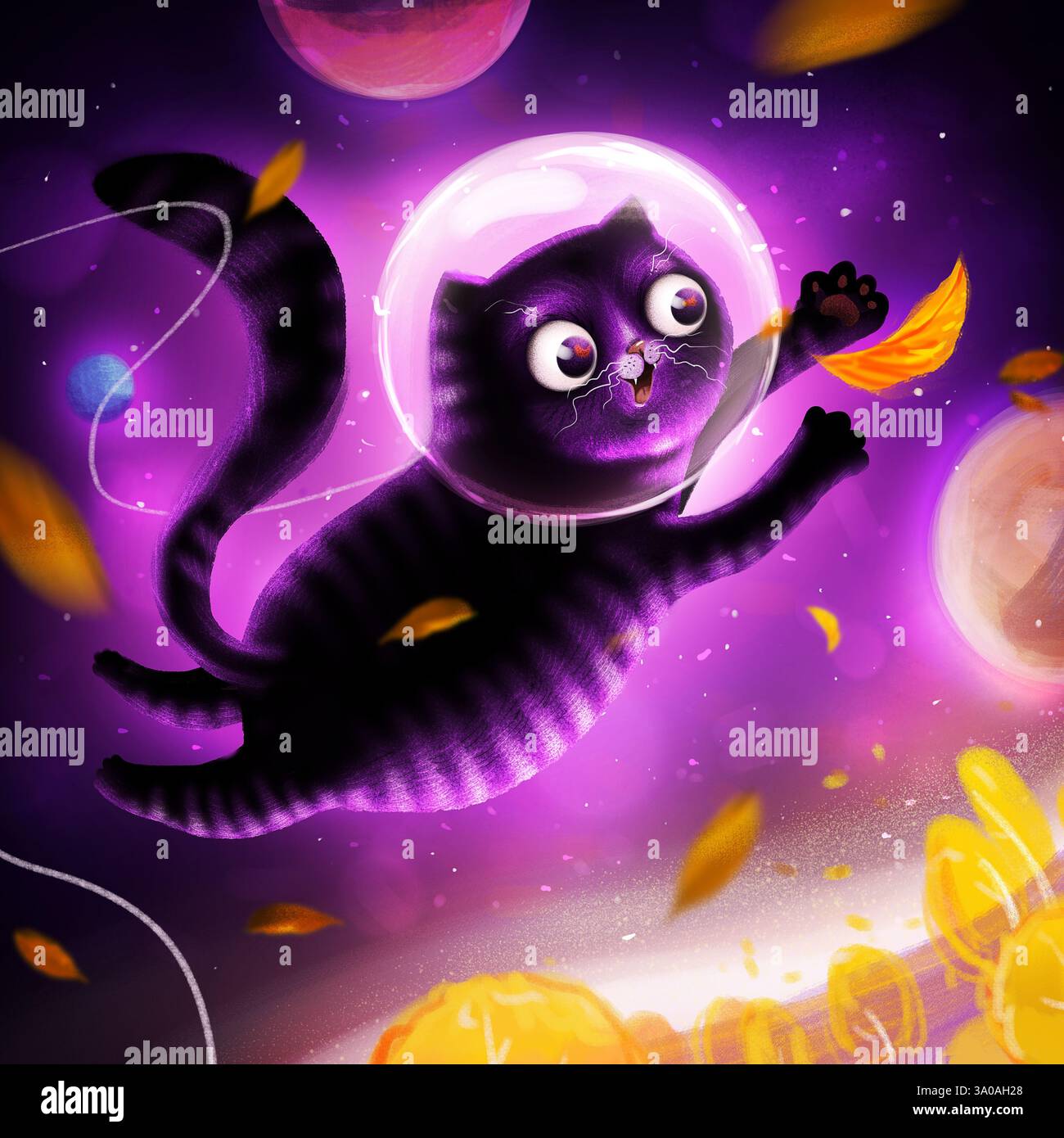 Happy cat character flying in the space with yellow autumn leaves. Stock Photo