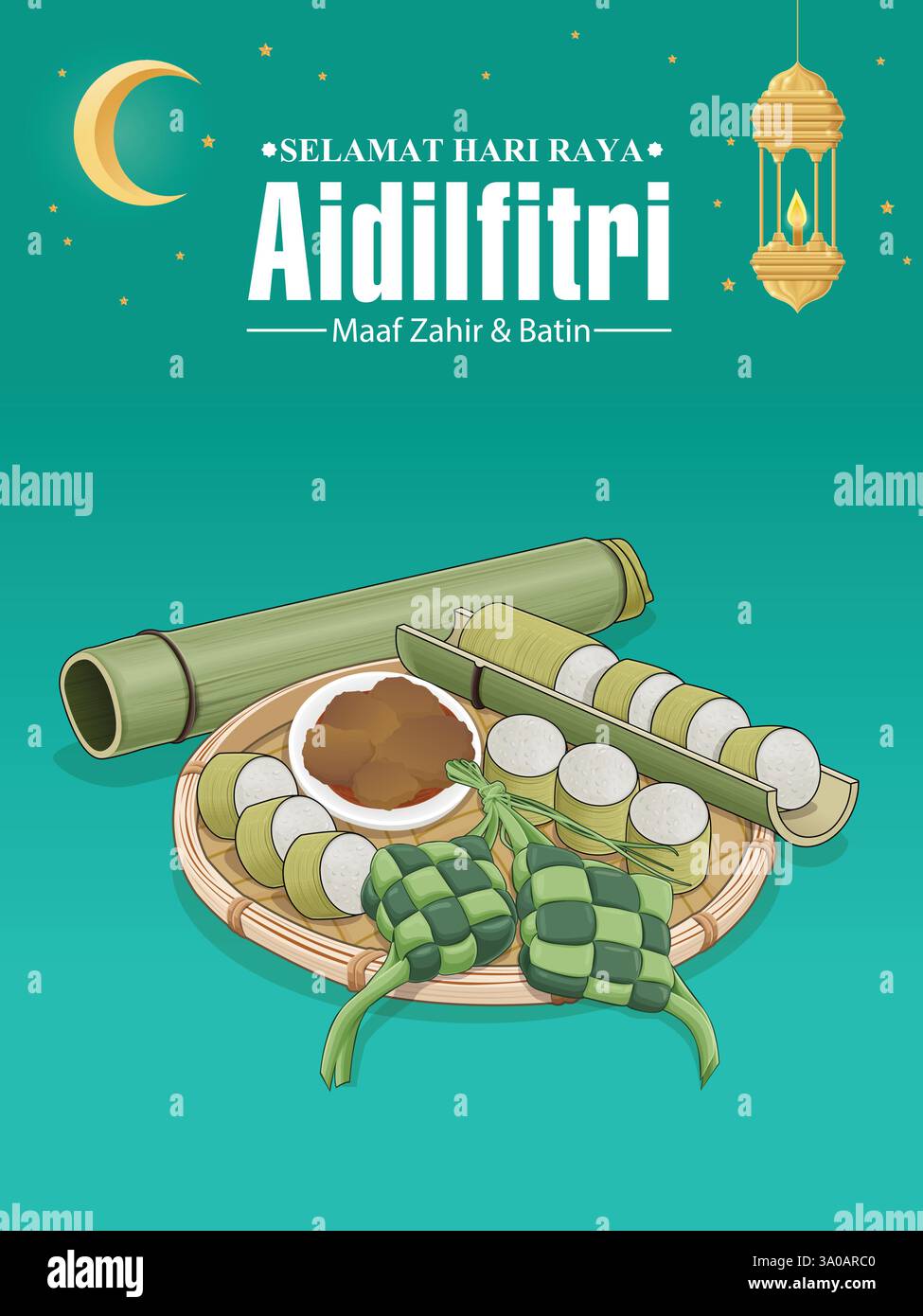 Sticker Raya Lemang Hari Raya Aidilfitri background design with ketupat, lemang. Malay ...