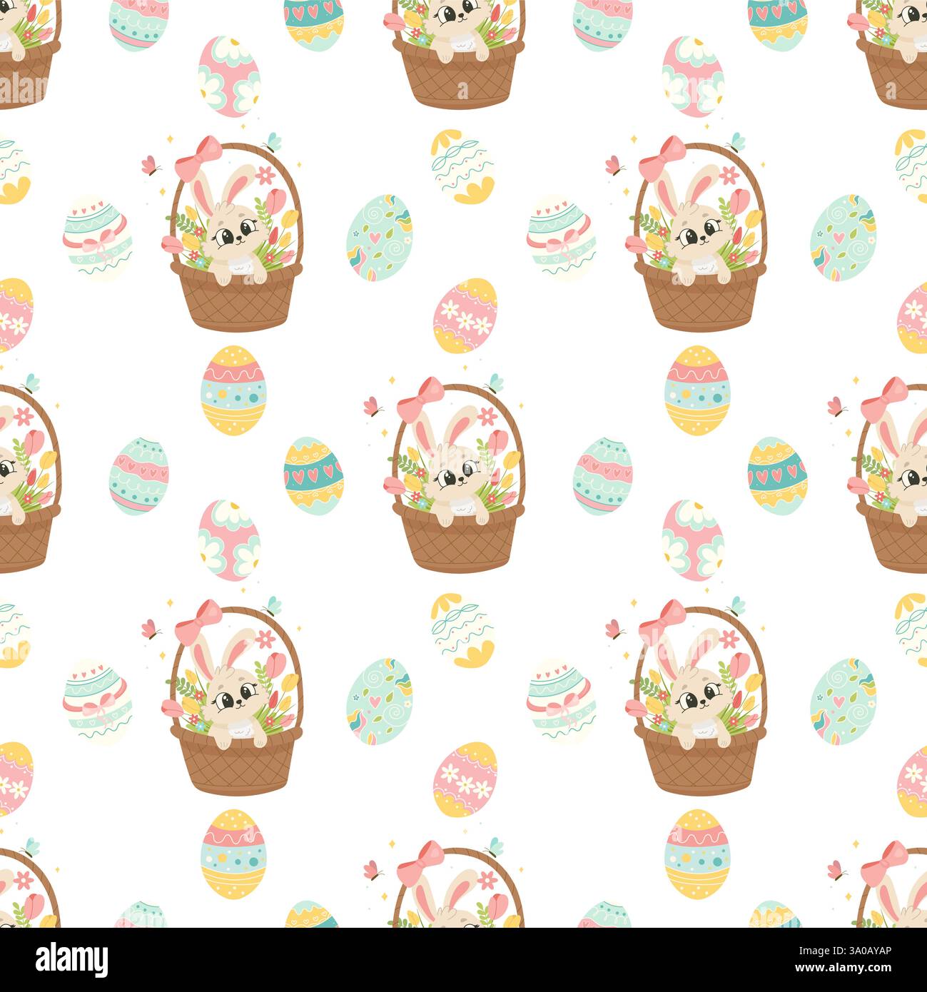 Easter Pattern with Bunny in a Basket and Decorated Eggs. Cute Digital Paper for Scrapbooking, Stickers, and Wrapping Paper Stock Vector