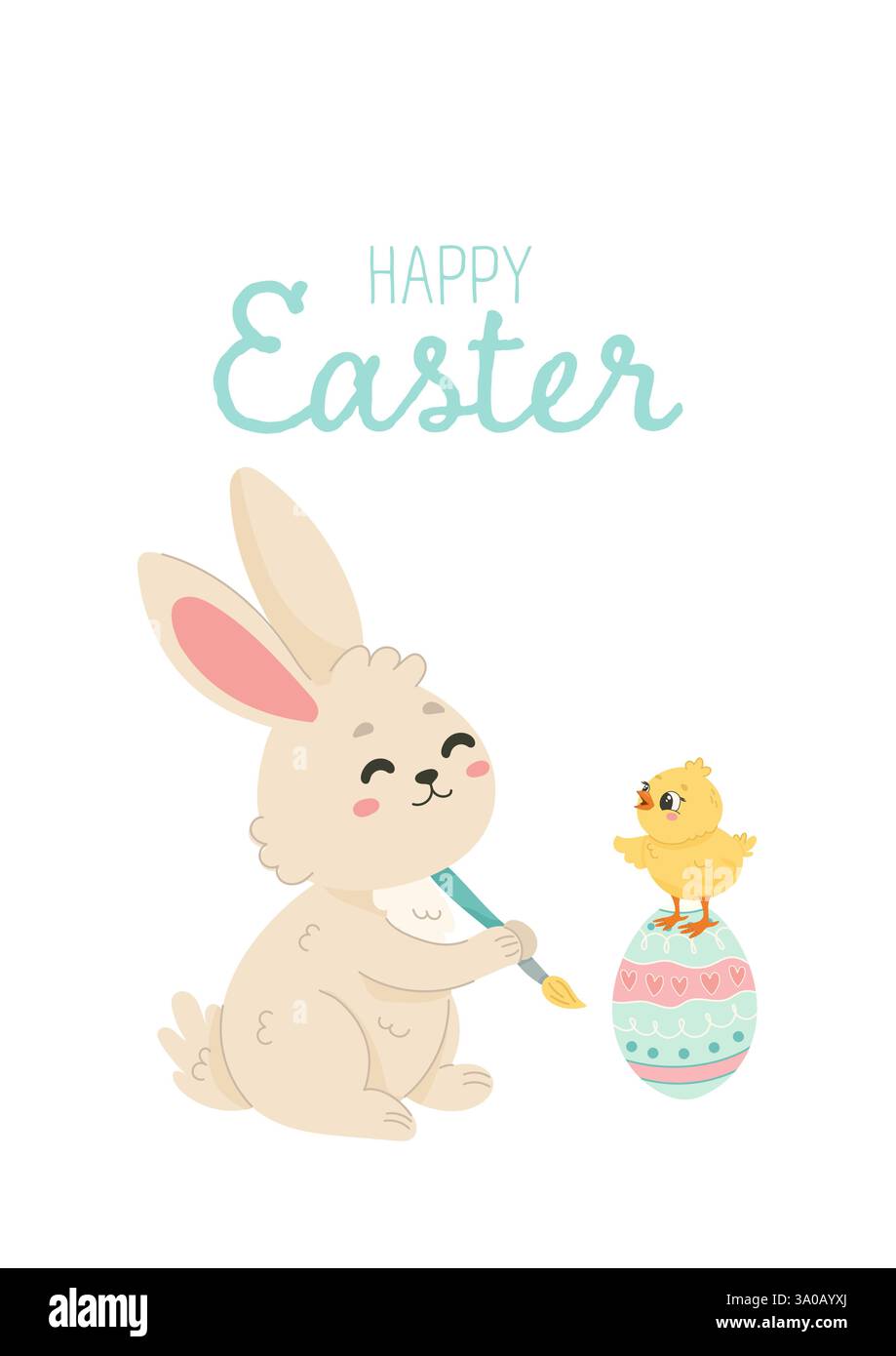 Easter Bunny Painting an Egg with a Cute Chick. Cartoon Illustration ...