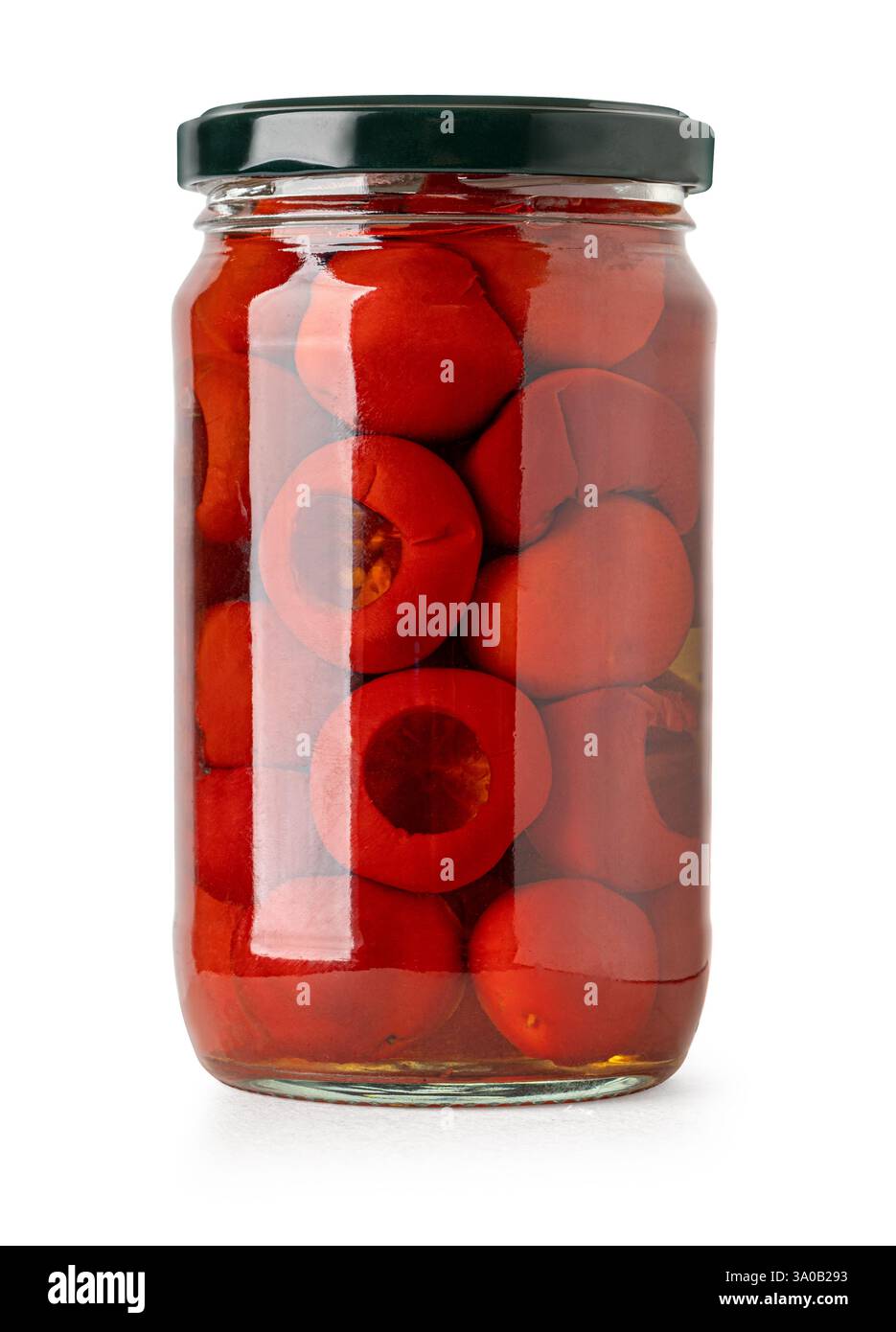 Preserved stuffed cherry peppers in glass jar isolated on white background cut out Stock Photo