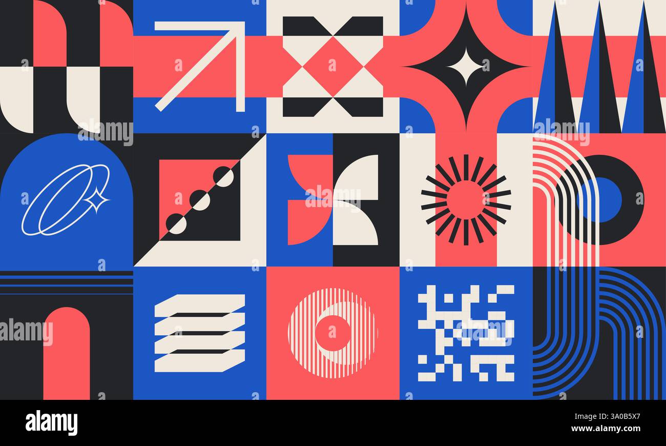 Neo geo seamless pattern with abstract geometric shapes and symbols ...