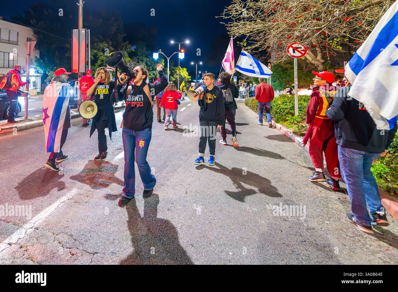 Haifa, Israel - March 01, 2025: People with various signs and flags ...