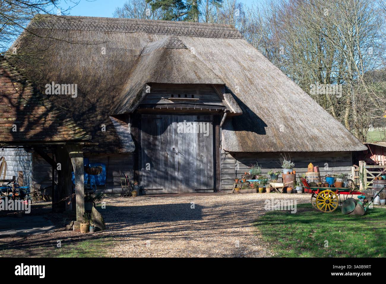 The Court Barn inside the Weald and Downland living museum. The BBC TV show The Repair Shop is filmed here. February 2025. Stock Photo