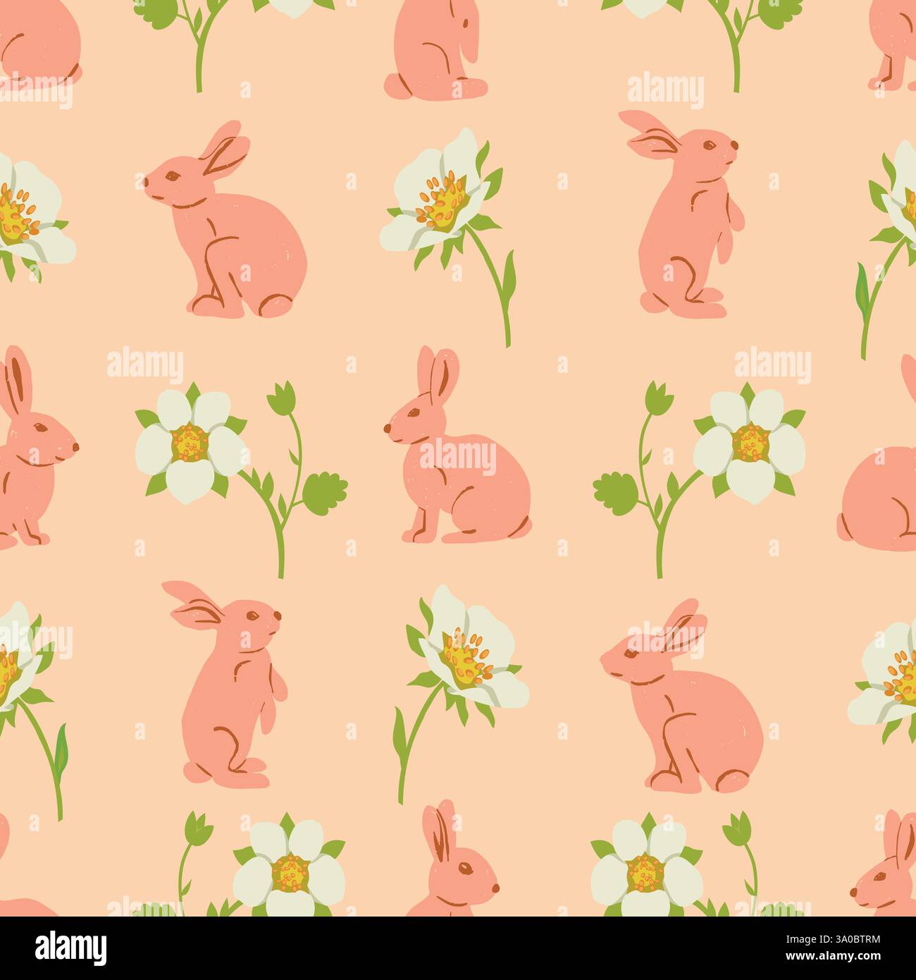 Cute bunnies and flowers on pink background. Easter vector seamless pattern Stock Vector