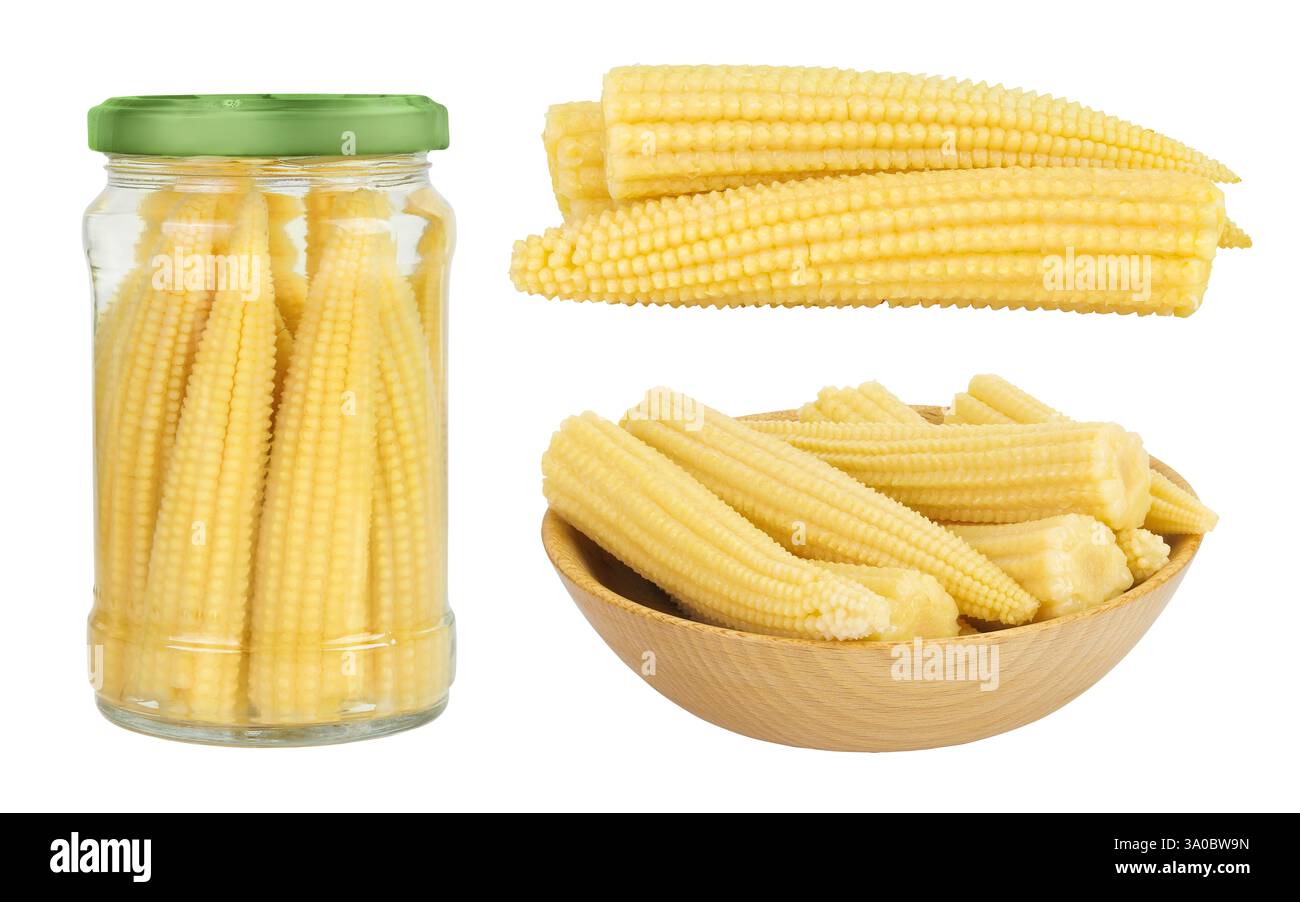 Jar of pickled young baby corn cobs isolated on white background Stock Photo