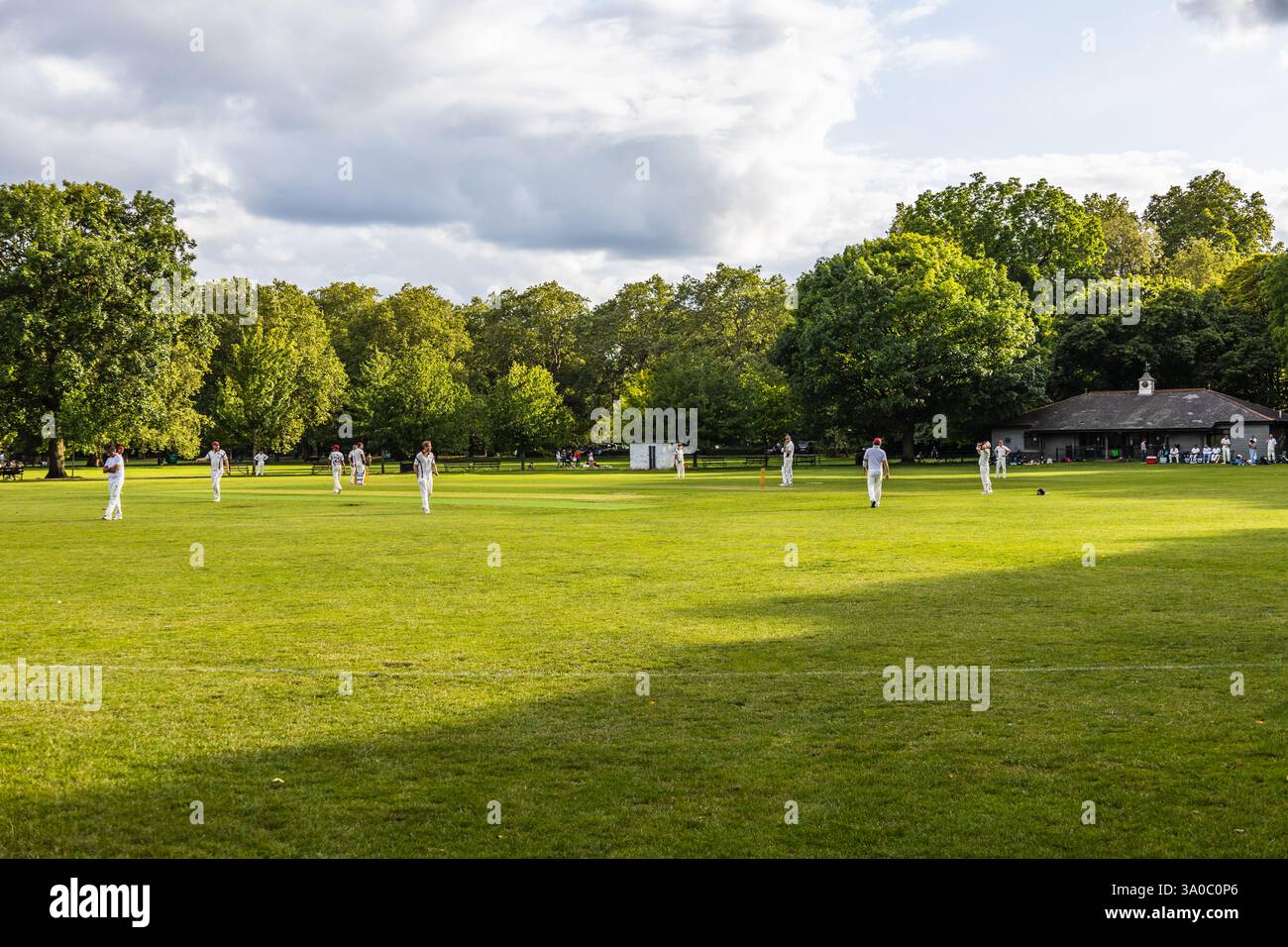 Traditional Summer Cricket Match on a Scenic Field Stock Photo