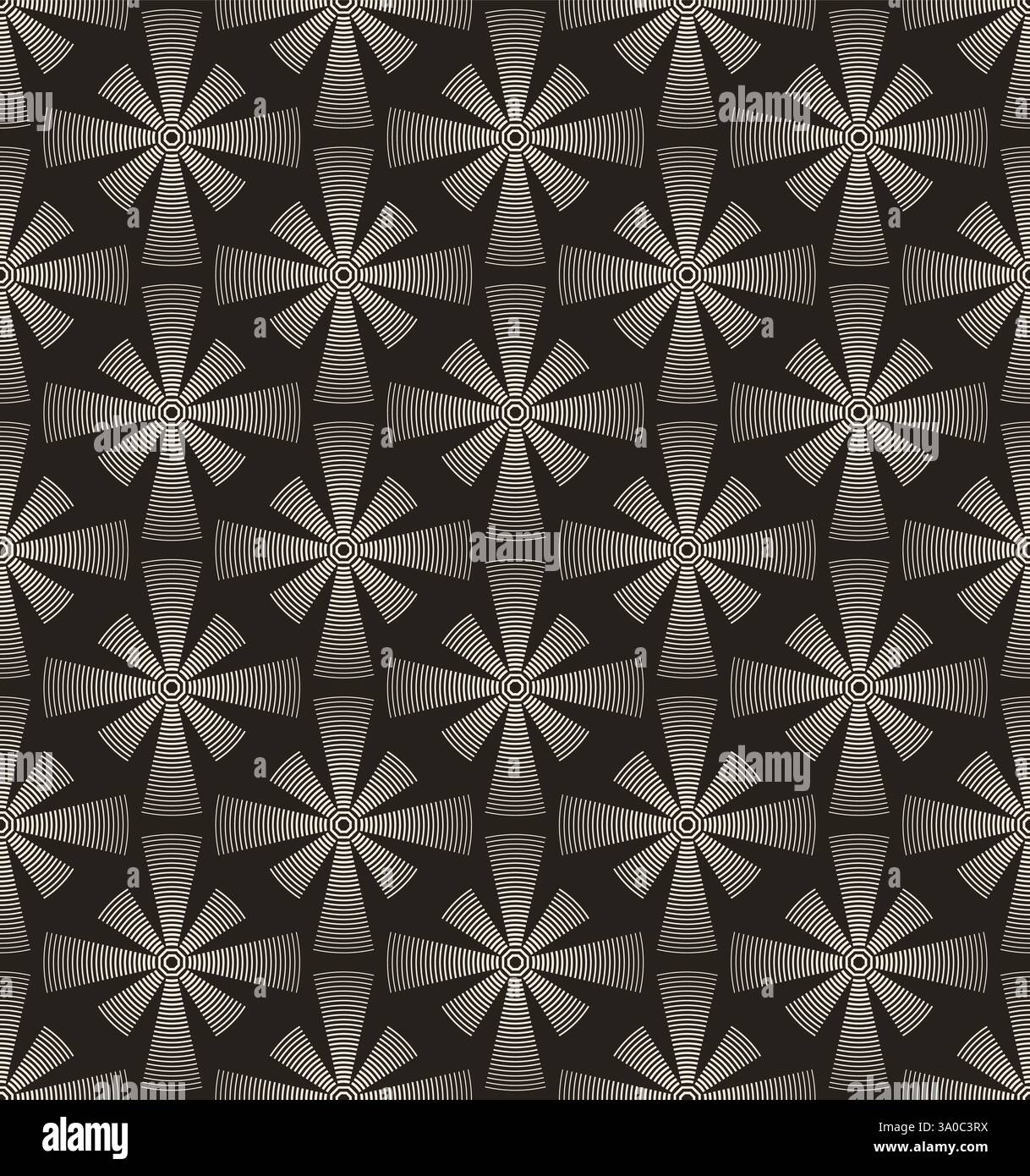 Line beige geometric rosette seamless pattern on black background. Stock Vector