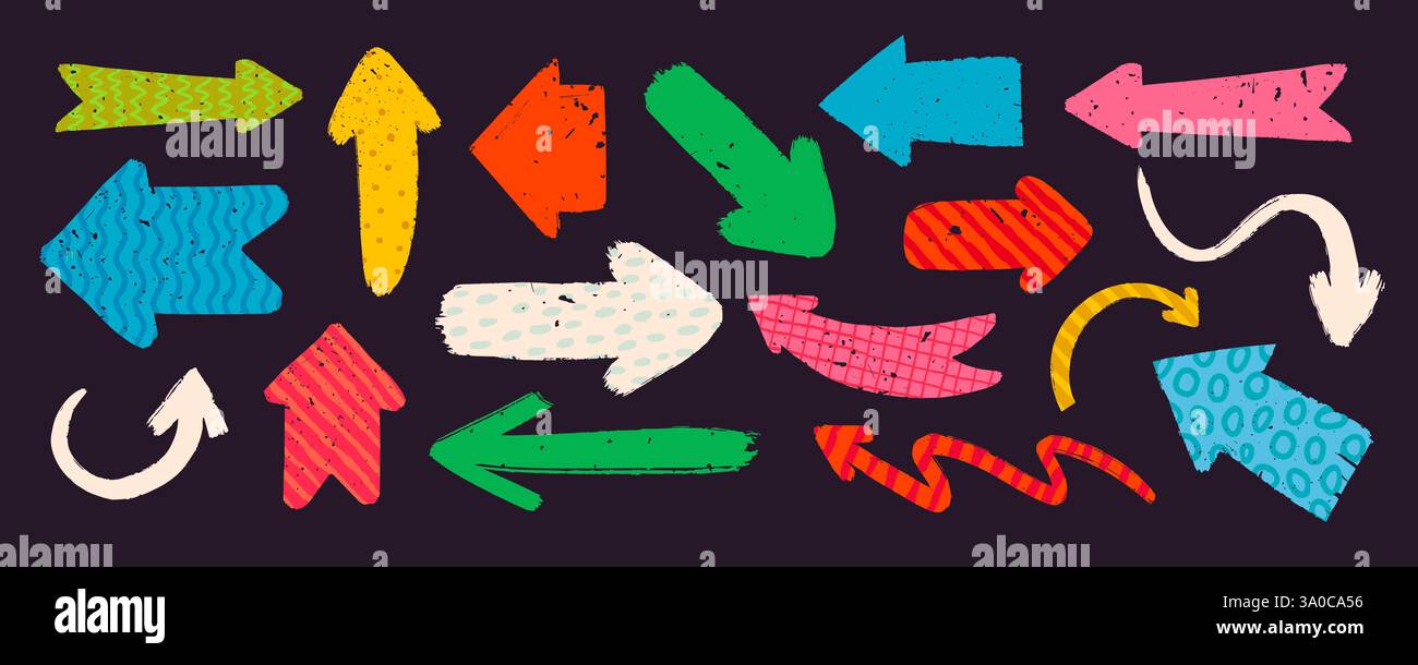 Hand drawn vector arrows with various patterns in rough rustic style. Stock Vector