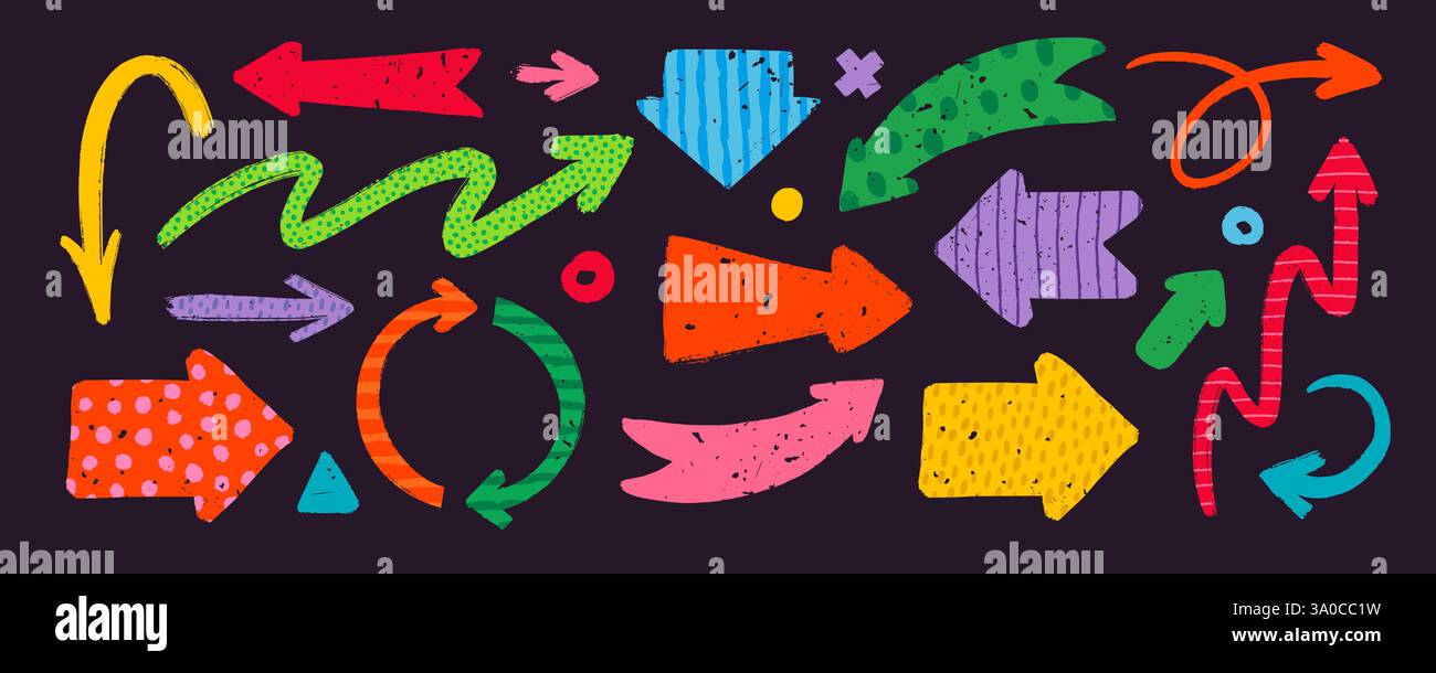 Hand drawn vector arrows with various patterns in rough rustic style. Stock Vector