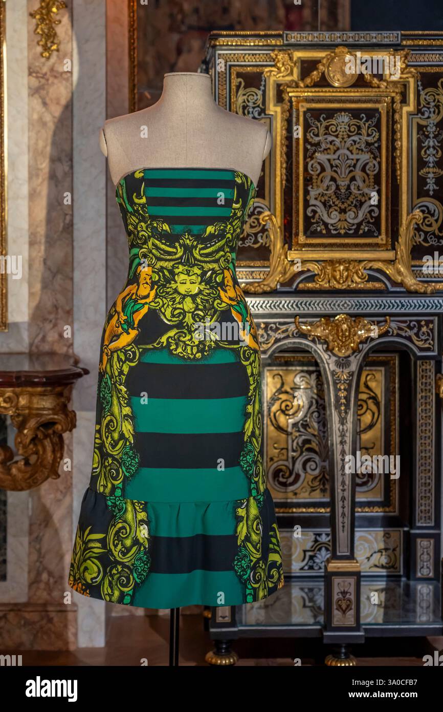 Paris, France - 03 01 2025: Le Louvre Couture. Prada Miuccia. Fern coloured cotton  drill dress with black stripes Stock Photo - Alamy