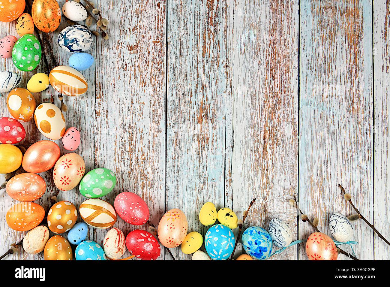 Composition with decorated Easter eggs and willow branches. Happy ...