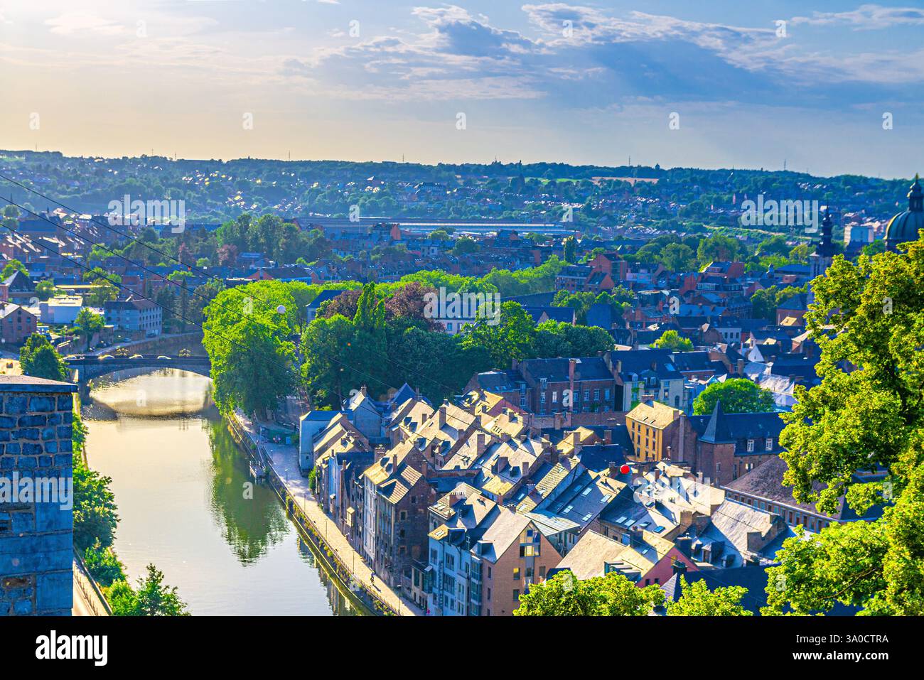 Namur cityscape, top aerial view of old town Namur city historical center, Sambre river with bridge and embankment, skyline horizon of Namur, Wallonia Stock Photo