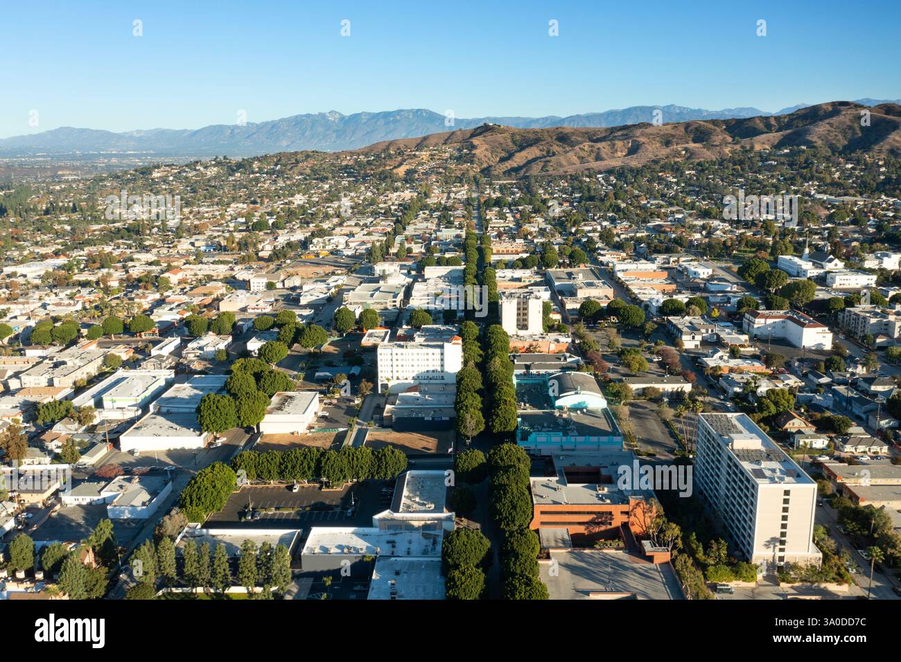 Aerial view of downtown Whittier, California on a clear sunny day Stock Photo