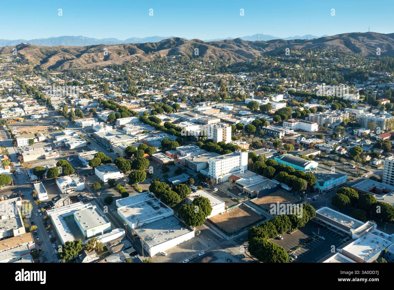 Aerial view of downtown Whittier, California on a clear sunny day Stock Photo