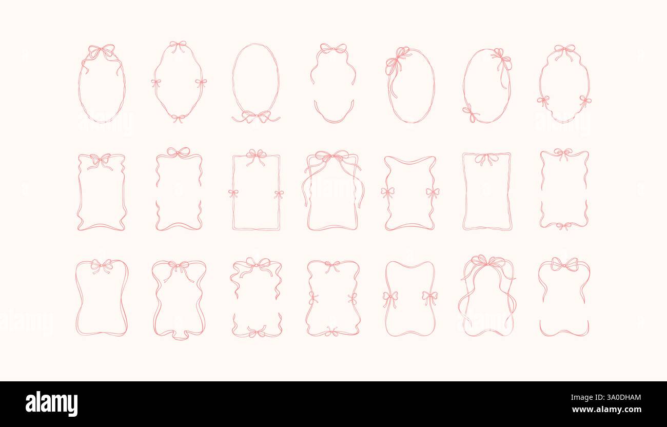 Bow ribbon border set. Hand drawn vertical oval and rectangle cute ...