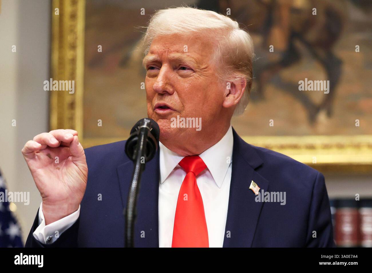 President Donald Trump speaks in the Roosevelt Room of the White House ...