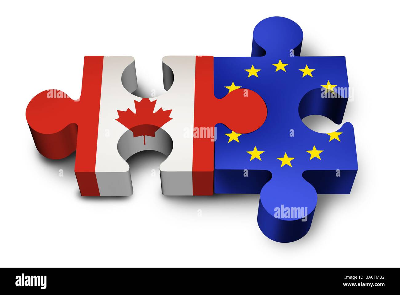 Canada Europe Unity and national cooperation as Canadian and European connection as a successful unity between the EU and Ottawa as jigsaw puzzle meta Stock Photo