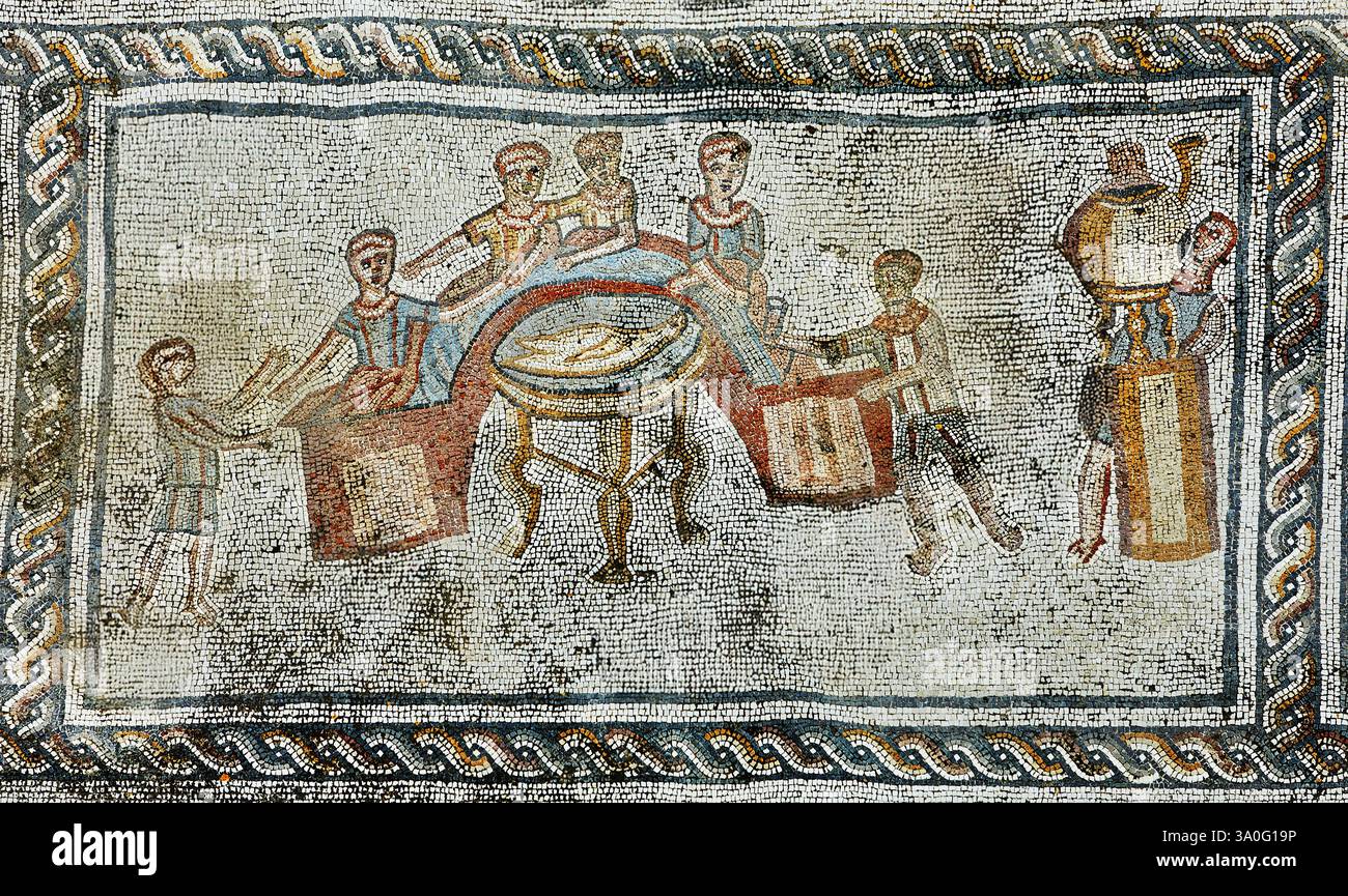 An ancient Roman mosaic depicting a banquet scene with people seated ...