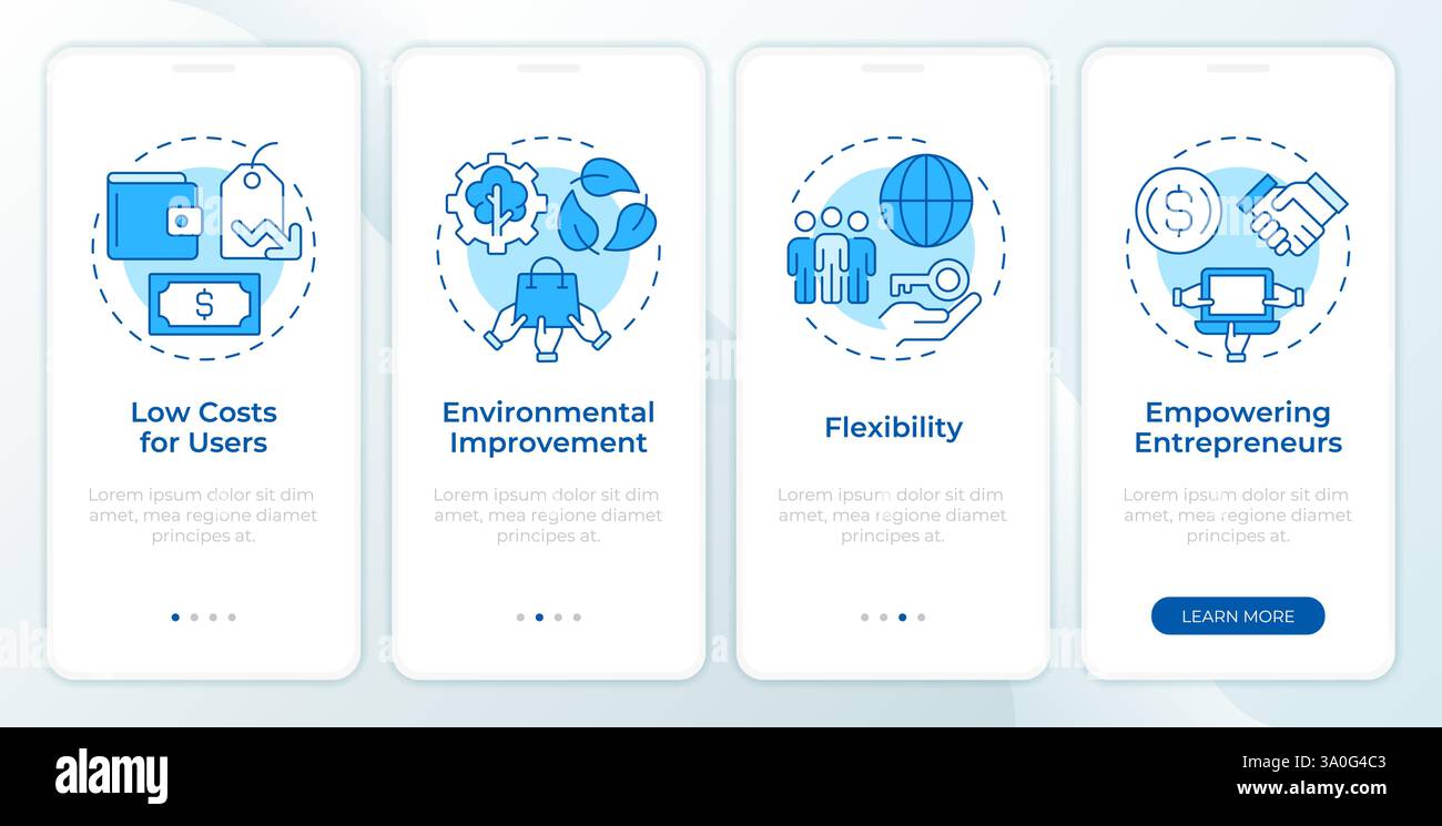 Benefits of sharing economy blue onboarding mobile app screen Stock ...