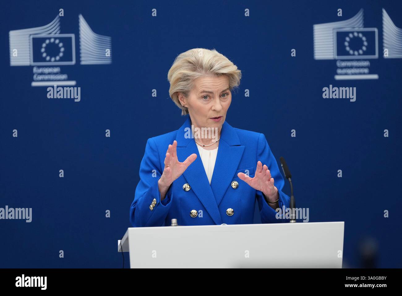 European Commission President Ursula von der Leyen speaks during a ...