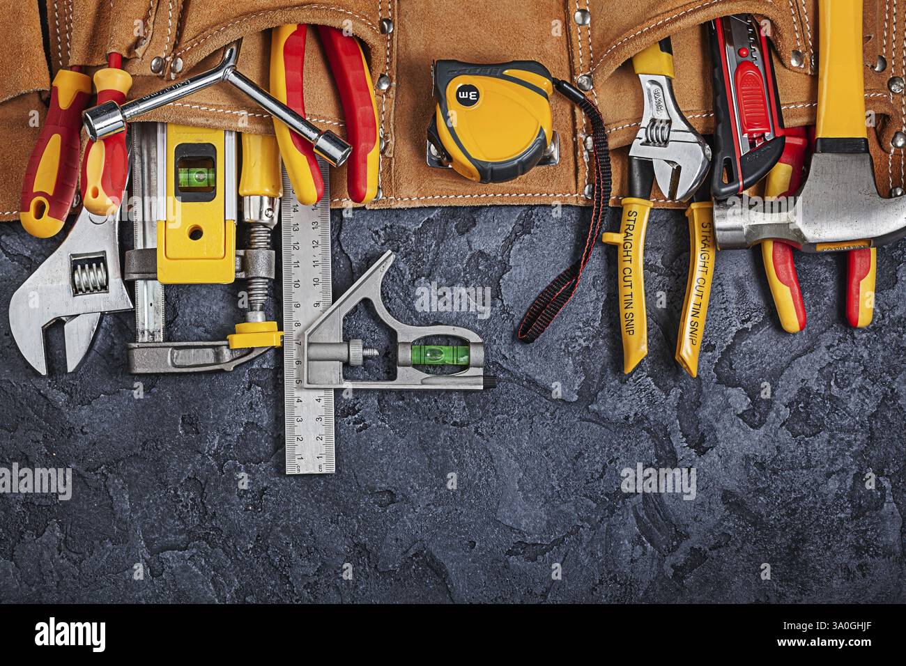 Construction Toolbelt With Different Tools On Black Background Stock Photo