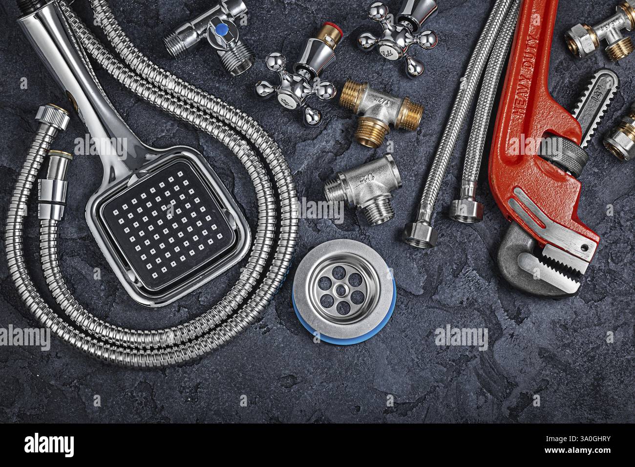 Bathroom Tools And Accessories On Black Stone Background Stock Photo