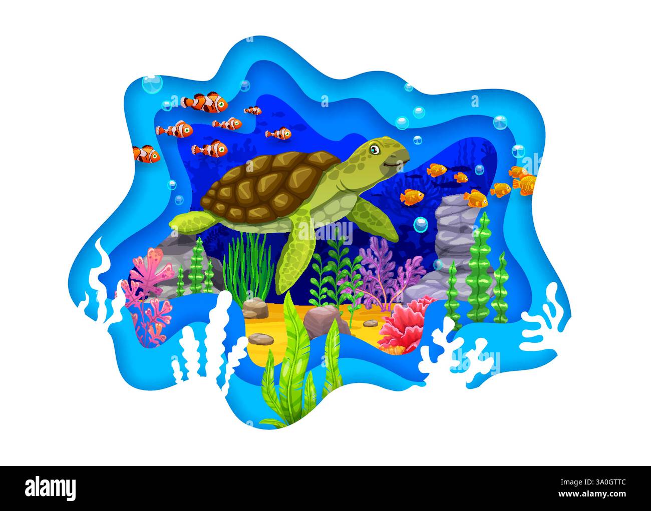 Paper cut underwater sea landscape banner with funny turtle and ...