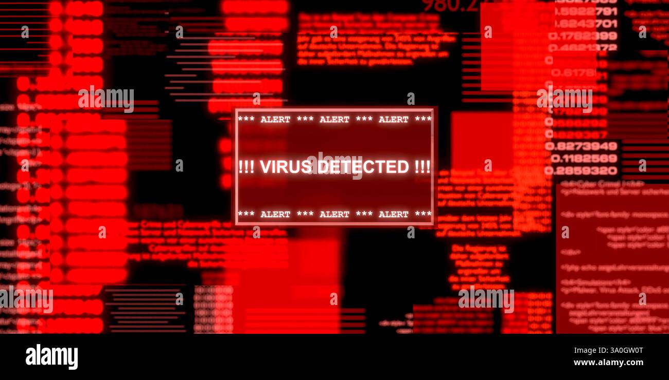 Virus detected, warning sign. Virus detected, warning sign. Coumputer hacked, spyware, data breach, communication problems, security. cybersecurity011s10 virus detected Stock Photo