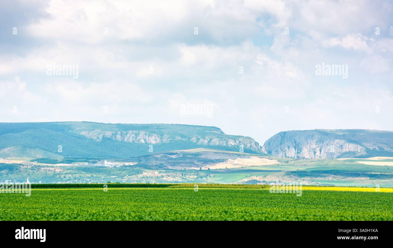 beautiful countryside of romania. picturesque outskirts. sunny day. wonderful summer landscape in mountains. green field and rolling hills. rural scen Stock Photo