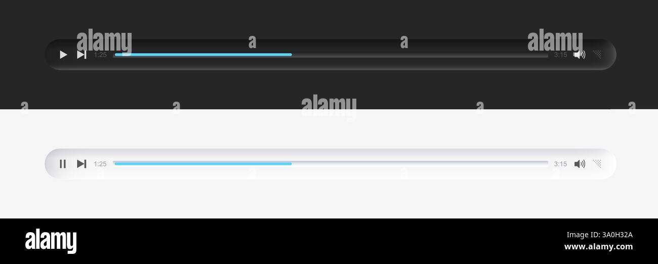 Minimized audio video player interface. Modern minimalistic neumorphic design. Light and dark version. Day and night mode. Vector audio application Stock Vector