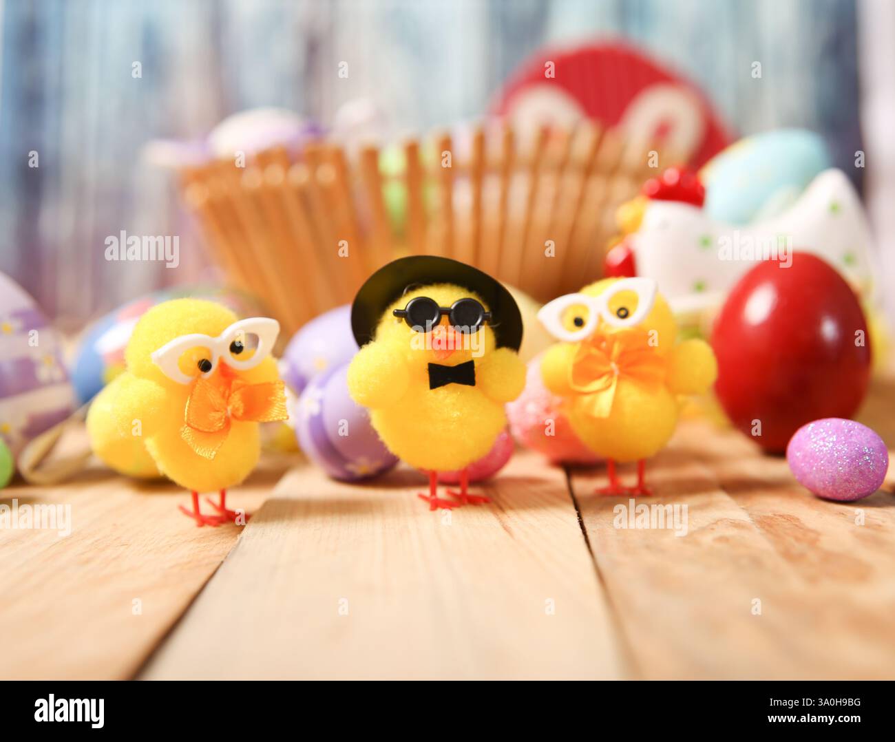 Easter decoration. small yellow chicks with glasses Stock Photo