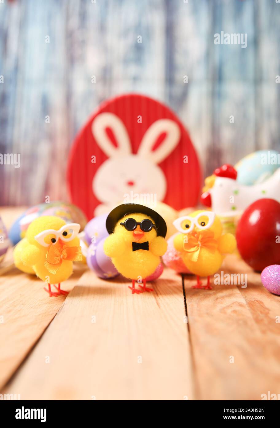 Easter decoration. small yellow chicks with glasses Stock Photo