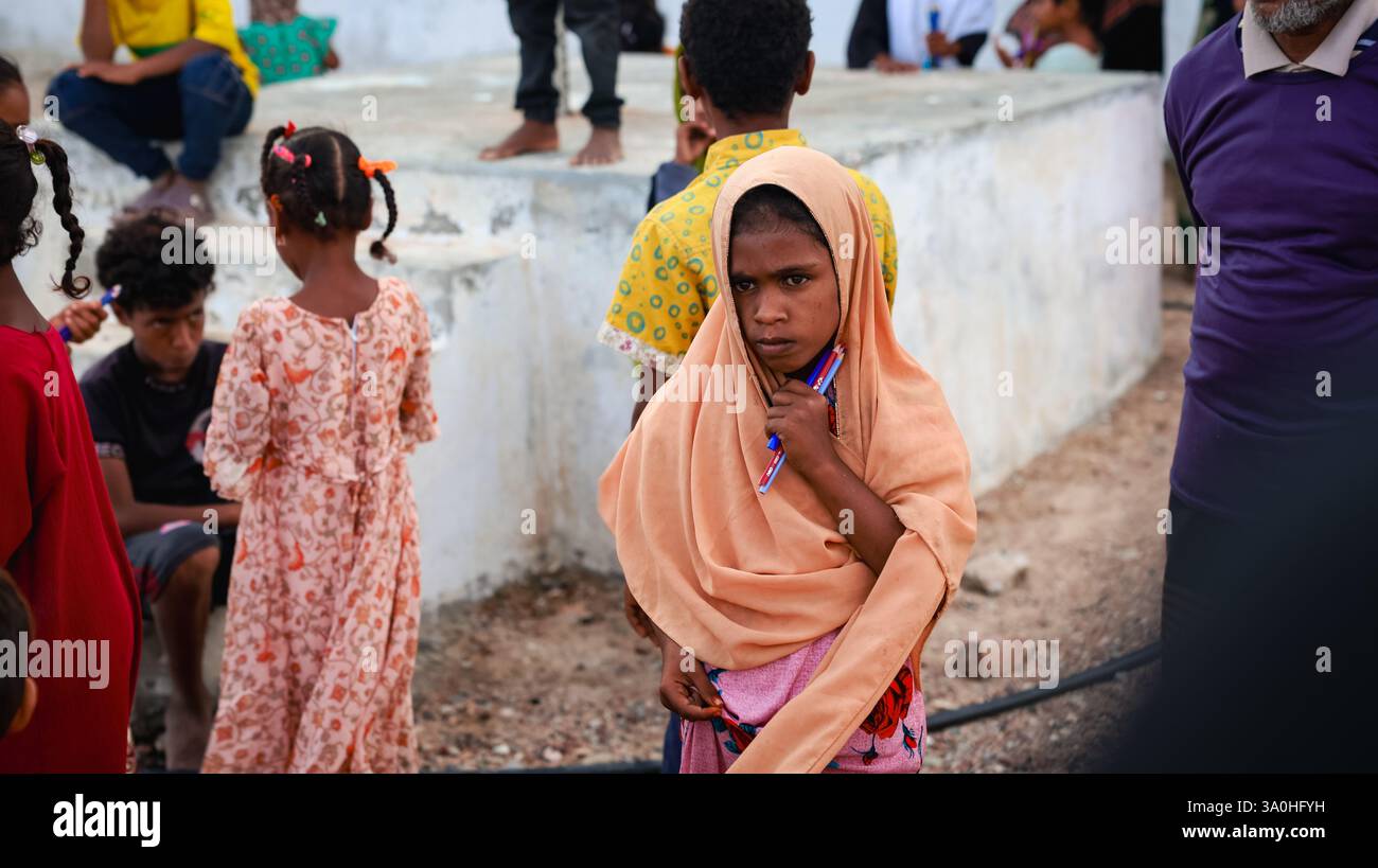 Children participate in a local gathering in Socotra, highlighting the vibrant community and unique cultural expressions. Stock Photo