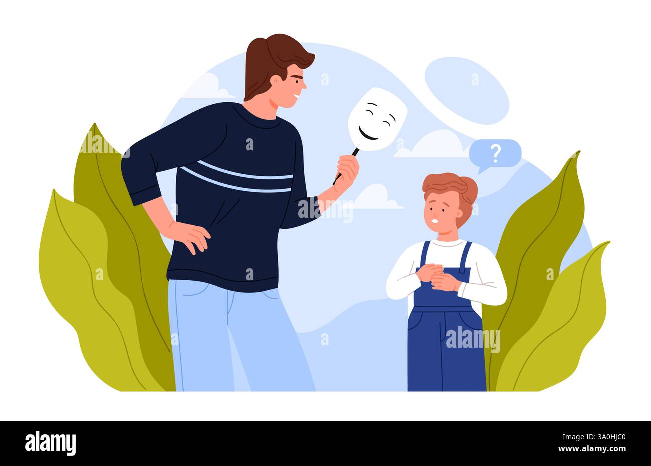 Hiding true emotions and real feelings in family, lying in communication with kids. Hypocrite man holding happy positive mask to hide indifferent face from confused boy cartoon vector illustration Stock Vector